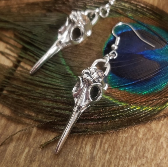 Pagan Raven Skull Necklace & Earrings Jewelry Set Horror Witchy Viking Jewelry - Picture 14 of 16